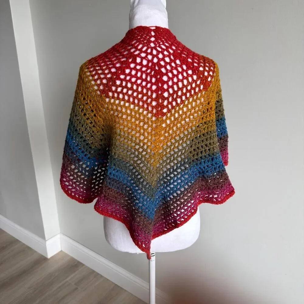 Handmade Rainbow Crochet Granny Stitch Triangle Shawl Wrap Grandma Retro OOAK